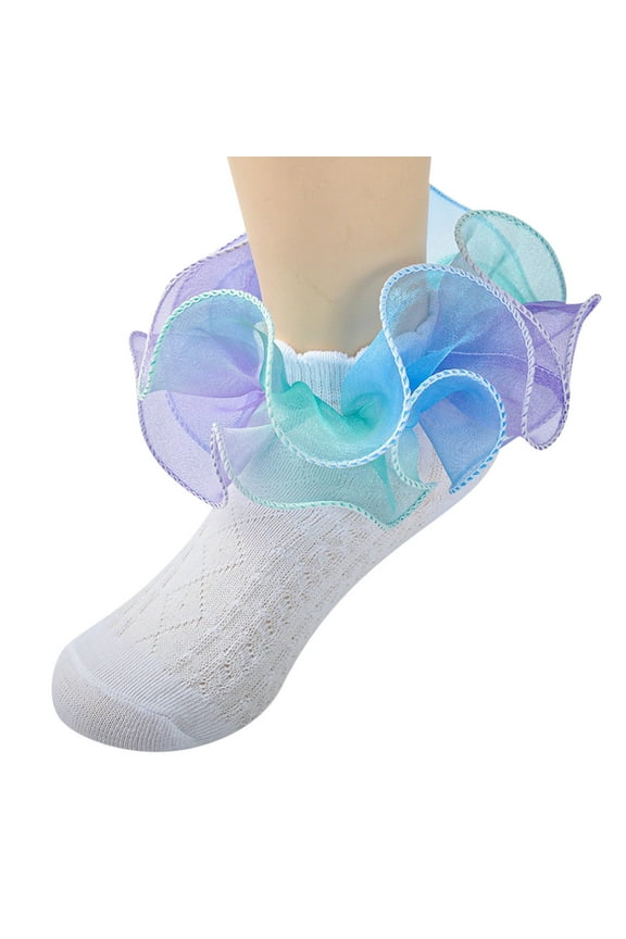 Lace Socks for Girls Ruffle Socks Toddler Girl Frilly Dress Socks Double Lace Big Ruffles Church Sock for Baby Kids Sky Blue,4-6 Years