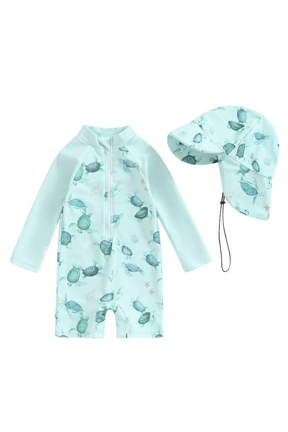 Little Boy One Piece Swimsuit Toddler Baby Boys Swimsuit One Piece Long Sleeve Rash Guard Bathing Suit Swimwear with Hat Beachwear Green,12-24 Months