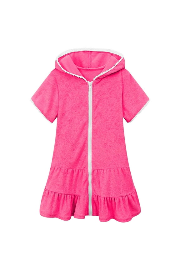 Girls Swim Cover Up Kids Beach Girls Comfortable Dress Hooded Short Sleeve Beach Dress Girls Swimsuit Cover Up Hot Pink,4-5 Years