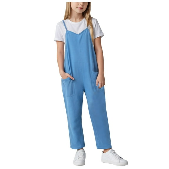 Zanarzt Little Girl Jumper Outfits Girl's Sleeveless Jumpsuits Spaghetti Straps Long Pants Rompers with Pockets Blue,7-8 Years