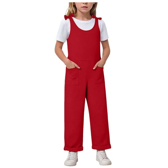 Zanarzt Little Girl Jumper Outfits Girl's Sleeveless Jumpsuits Spaghetti Straps Long Pants Rompers with Pockets Red,13-14 Years