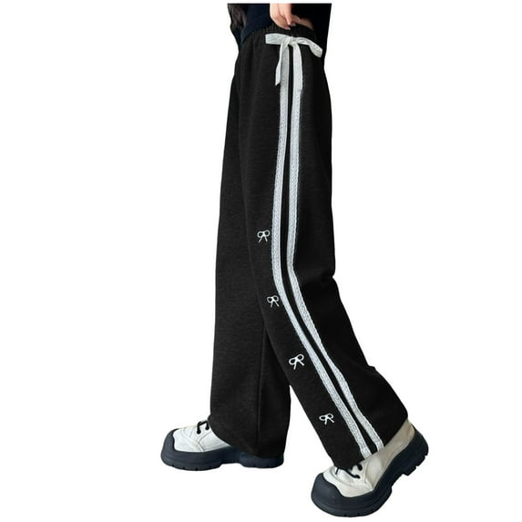 Zanarzt Little Girl Wide Leg Pants Girls Summer Baggy Track Pants Drawstring Waist Long Wide Leg Sweatpants Back To School Clothes Black,5-6 Years