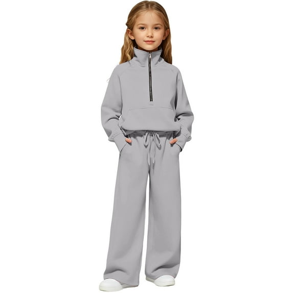 Zanarzt Little Girls Clothes 2Pcs Girls Clothes 2 Piece Sweatsuit Set Half Zip Sweatshirt Pants Spring Outfits for Teen Girls Grey,15-16 Years