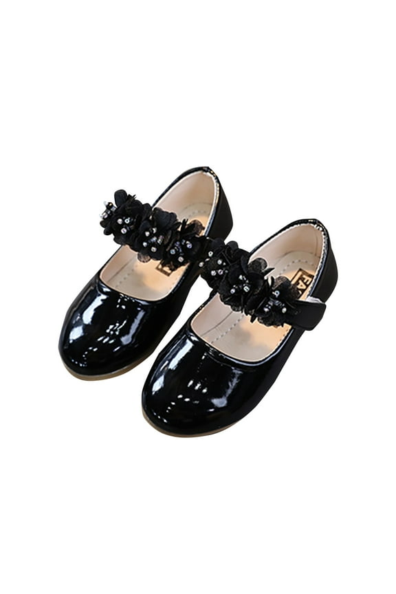 Little Girls Mary Jane Dress Shoes Toddler Flower Girls Dress Shoes Princess Ballet Flats with Bow and Peals for Party School Black,8.5