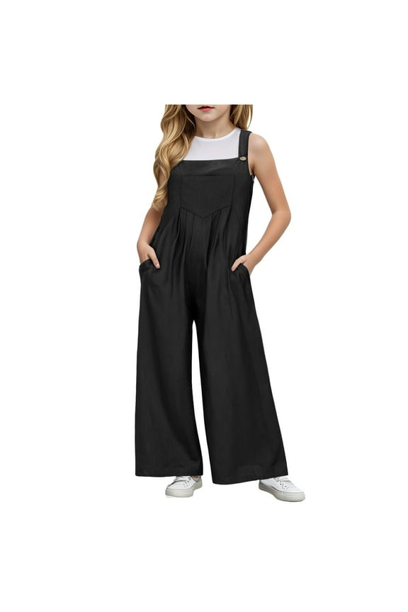 Toddler Girl Jumpsuit Cotton Girls' Casual Sleeveless Jumpsuits Spaghetti Strap Loose Romper Long Pants with Pockets Black,11-12 Years