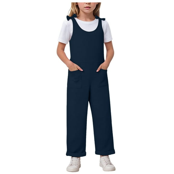 Zanarzt Little Girls One Piece Romper Girls' Casual Sleeveless Jumpsuits Spaghetti Strap Loose Romper Long Pants with Pockets Navy,5-6 Years