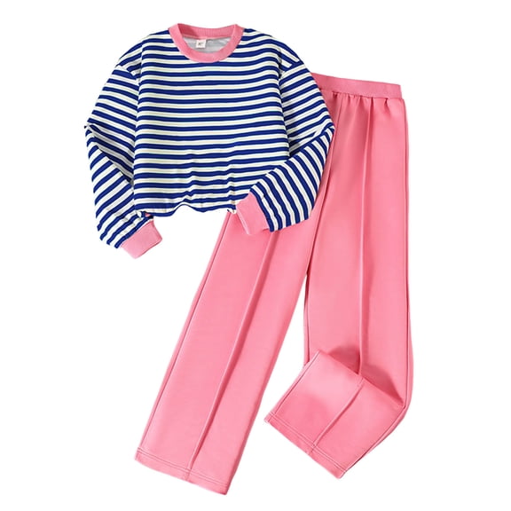 Zanarzt Little Girls Outfits Girls Fashion Stripe Long Sleeve Top Pants Casual Two Piece Set Blue,7-8 Years