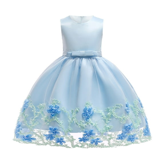 Zanarzt Little Girls Princess Dress Kids Summer Girls Lace Flower Girl Dress Ruffle Sleeve A Line Formal Dresses for Wedding Party Blue,3-4 Years
