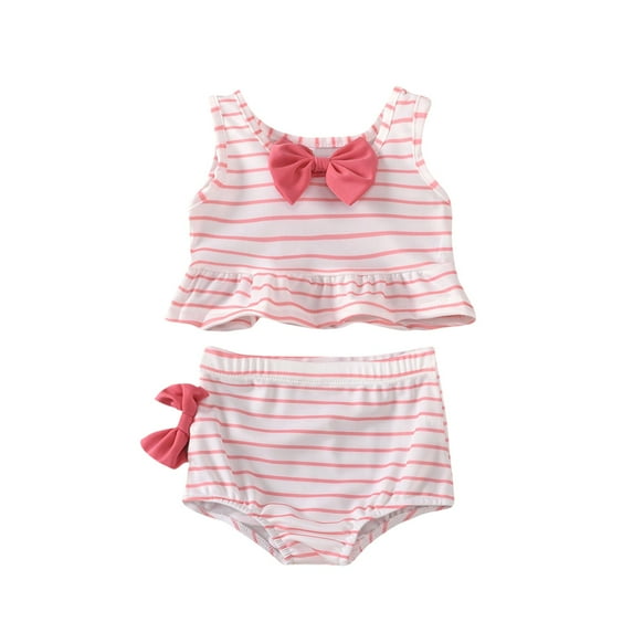 Splozh Little Girls Two Pieces Swimsuits Cute Baby Kids Girls Striped Print Backless Ruffle Two Piece Swimwear Swimsuit Pink,12-18 Months