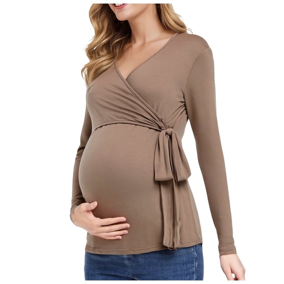 Zanarzt Maternity Shirts Maternity Tops Comfortable Soft Fashion Maternity V Neck Long Sleeve Maternity Wear Coffee,XS
