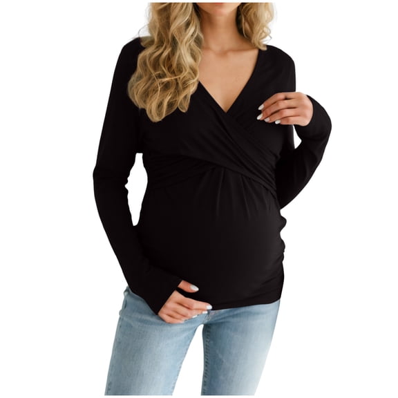 Zanarzt Maternity Sweater Women Maternity Tops Long Sleeve Pregnancy Ribbed Knit Shirts Crew Neck Casual Breastfeeding Clothes Black,M