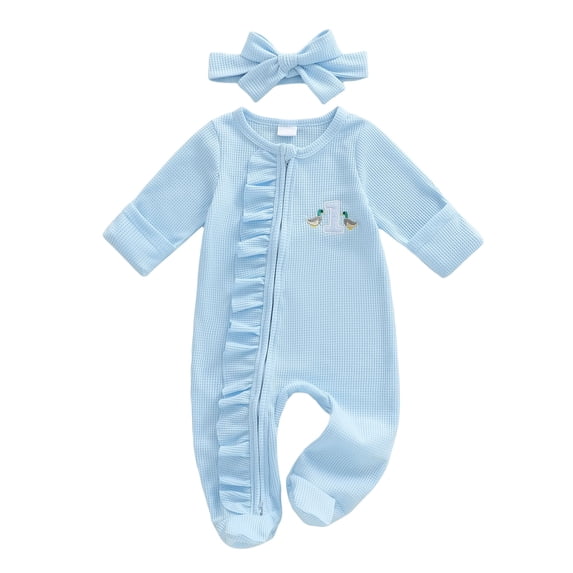 Zanarzt Newborn Baby Boy Romper Baby 1st Birthday Outfit Letter Embroidery Long Sleeve Zip Up Romper Footed Jumpsuit with Headband BU1,6-12 Months