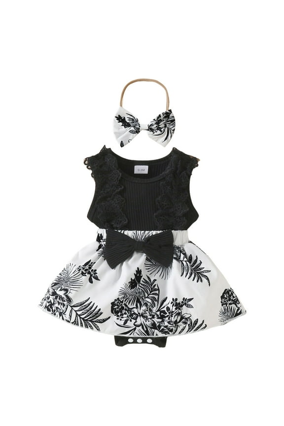 Newborn Baby Girl Clothes Baby Girl Clothes Romper Dress Lace Ruffle Sleeveless Summer Outfits with Headband Black,3-6 Months