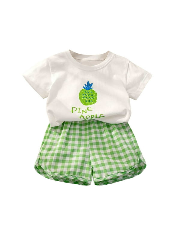 Newborn Baby Girl Clothes Summer Girls Short Sleeve Top Shorts Suit Comfortable Fashion Cartoon Fruit Plaid Print Children Two Piece Suit Green,18-24 Months
