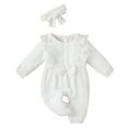 thumbnail image 1 of Zanarzt Newborn Baby Girl Romper Baby Girl Cotton Linen Romper Lace Bow One Piece Jumpsuit Clothes with Headband White,0-3 Months, 1 of 4