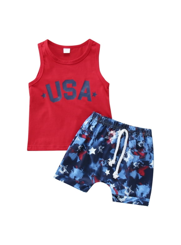 Newborn Boy Clothes Summer 4th of July Toddler Baby Boy Summer Outfit Sleeveless T Shirt Top Casual Shorts Set Infant Newborn Clothes Red,12 Months
