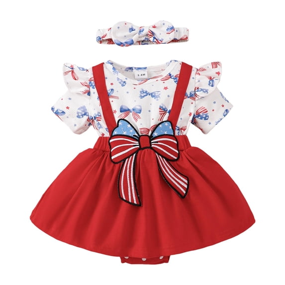 Zanarzt Newborn Girl Clothes 4th of July Baby Outfit Newborn Romper Letter Flag Embroidery Short Sleeve Jumpsuit with Headband One Piece Summer Clothes Red,12-18 Months
