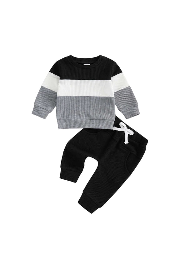 Newborn Infant Baby Boy Clothes Baby Toddler Clothes Set 2 Piece Pullover Color Block Tops Joggers Sets Spring Fall Outfits Black,0-6 Months