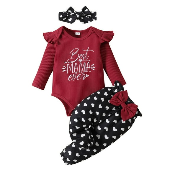 Zanarzt Newborn Infant Baby Girl Clothes Girls Long Sleeve Valentine's Day Ribbed Romper Bodysuit Heart Prints Pants Outfits Red,9-12 Months