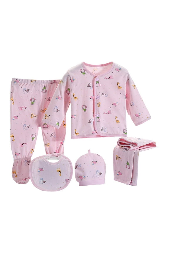Baby Layette Gift Set Unisex Baby Boy Girl Clothes Unisex Set Outfits 5 Pieces Long Sleeve Tops+Hat+Pants+Bib Toddler Pink,0-3 Months