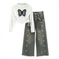 thumbnail image 1 of Zanarzt Outfits for Girls Girls' Fashion Butterfly Embroidered Top with Denim Pants 2 Piece Set White,6-7 Years, 1 of 9