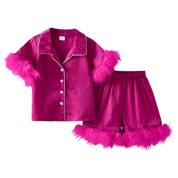 Zanarzt Pajama Set Cute Shorts Little Girls Summer Pajama Sets Short Sleeve Lapel Button Up Plush Cuff Shirt Shorts Sleepwear Hot Pink,5-6 Years