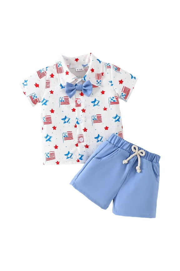 Preemie Clothes Boy Toddler Baby Boy 4th of July Outfit American Flag T-shirts Independence Day Summer Shorts Set Sky Blue,18-24 Months