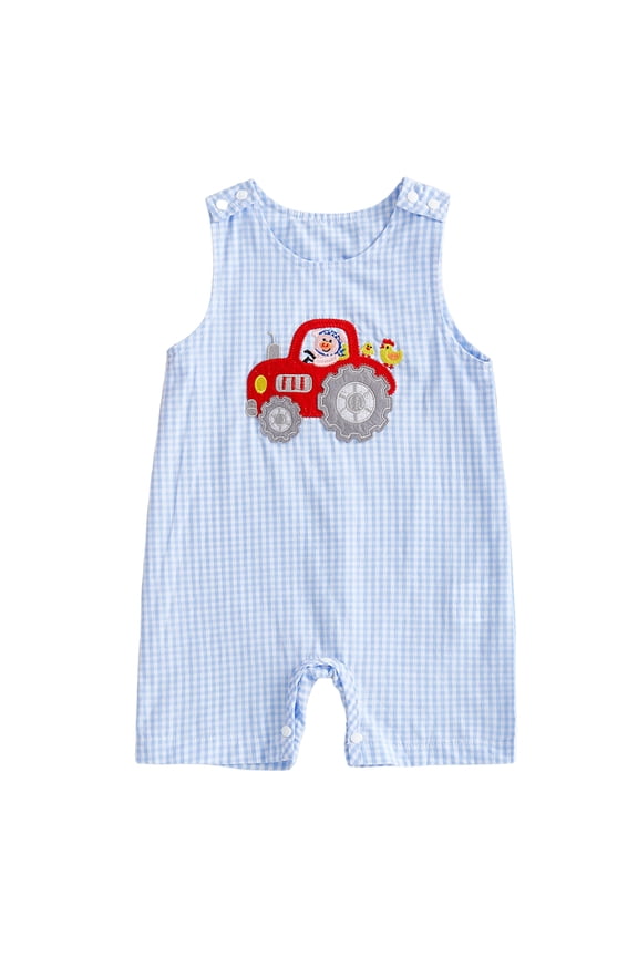 Preemie Clothes Boys Newborn Baby Boy Outfit Embroidery Sleeveless Smocked Bubble Romper Plaid Bodysuit Jumpsuit Blue,12-18 Months