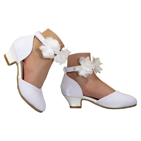 Zanarzt Princess Shoes for Girls Dress Shoes Closed Toe Low Chunky Heels Flower Slip On Party Princess Pumps for Toddler Little Big Kids Beige,US 12.5