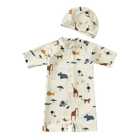 Zanarzt Rash Guard for Boys Toddler Set 2 Piece Dinosaurs Print Swim Trunks Short Sleeve Swimwear Hat Set Light Gray,4-5 Years