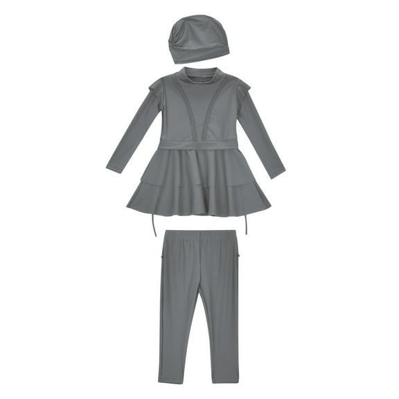 Zanarzt Rashguard for Girls Swimsuit Girls 3 Piece Full Cover Swimwear Sunsuit Beachwear Long Sleeve Top Pants and Cap Grey,8-9 Years