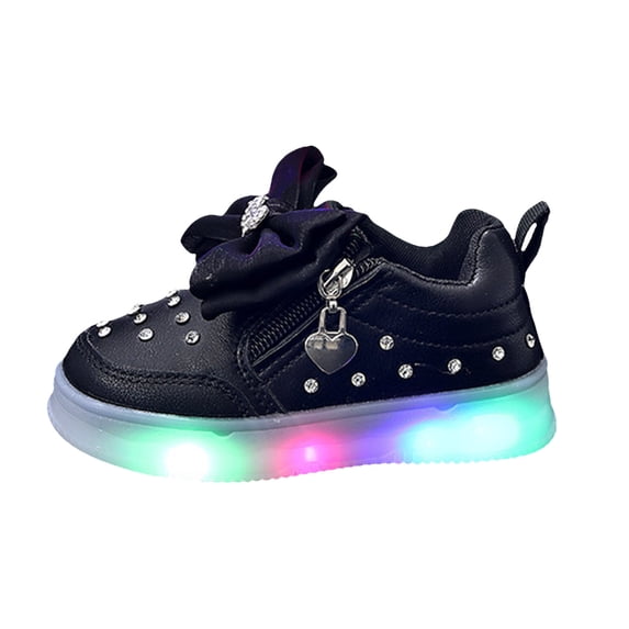 Zanarzt Sports Shoes Girls' Light Up Shoes with Lace Up Bows Flat Casual Sneakers Running Shoes Black,US 11
