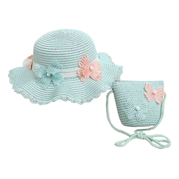 Zanarzt Straw Hat Kids Kids Girl Summer Straw Hat Foldable Wide Brim Cap Sun Visor Hats Sun Protection Beach Hats with Bag Sky Blue,One Size
