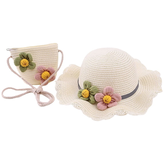 Zanarzt Straw Hats Little Girl Kids Foldable Sun Protection Bowknot Wide Brim Floppy Beach Sun Hats Breathable Summer Straw Hat and Bag White,One Size