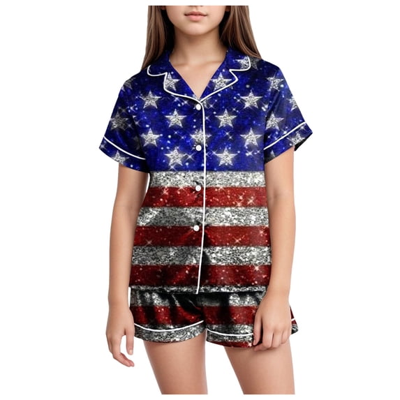 Zanarzt Summer Baby Girl Clothes Toddler Girl 4th of July Pajamas Shorts Set Short Sleeve Shirt + Stars Stripe Short American Flag Summer Pajamas Outfits Navy,2-3 Years