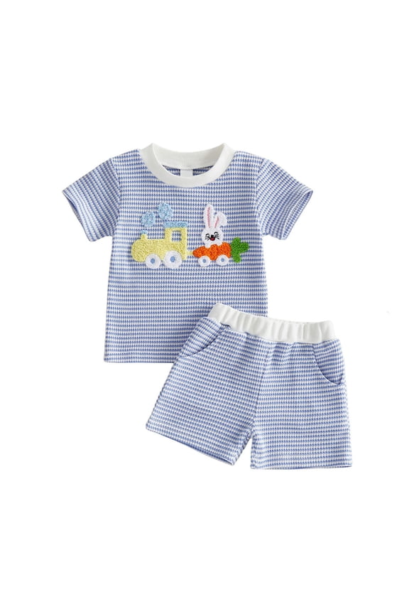 Summer Clothes Toddler Baby Boy Summer Clothes Plaid Short Sleeve T-Shirt Top Shorts Sets Infant Outfit Blue,2-3 Years