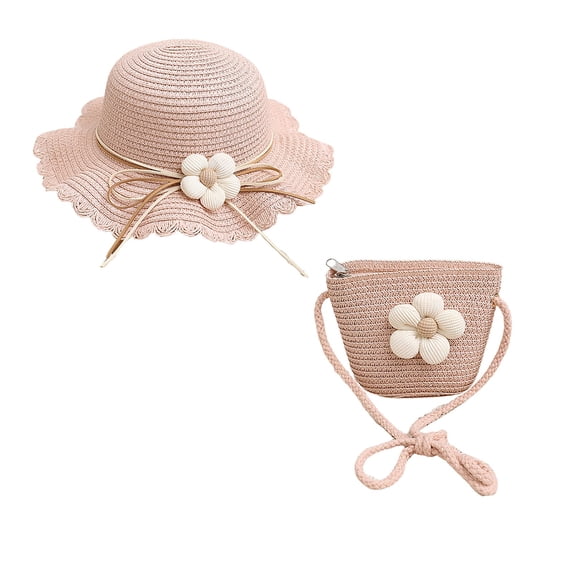 Zanarzt Sun Hat Little Kids Girls Summer Straw Sun Hat Wide Brim Bowknot Floppy Beach Sun Hat and Straw Bag Pink,One Size