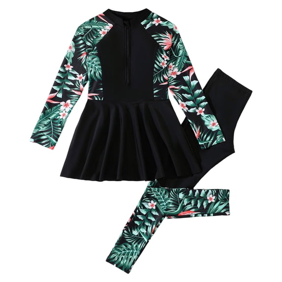 Zanarzt Swim Dresses for Toddler 2 Pcs Zipper Long Sleeve Long Pants Swimsuit for Girls Full Body Swimwear Rash Guard Teens Bathing Suit Black,10-11 Years