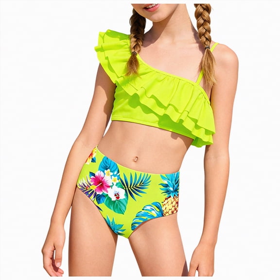 Zanarzt Swimsuits for Girls 2 Piece Swimsuit Ruched Ruffle Bikini Sets Adjustable Straps Bathing Suit for Teen Girls 7-8 Years,Light Green