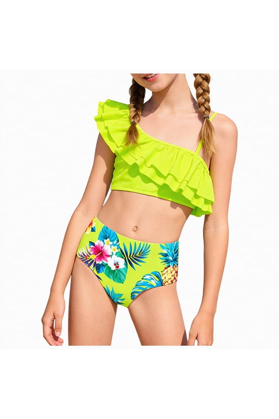 Swimsuits for Girls 2 Piece Swimsuit Ruched Ruffle Bikini Sets Adjustable Straps Bathing Suit for Teen Girls 7-8 Years,Light Green