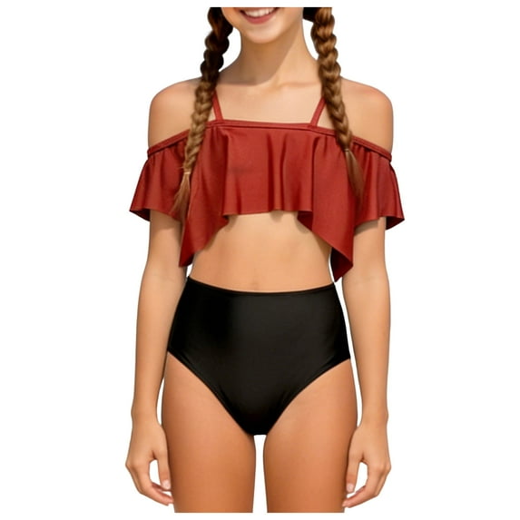 Splozh Swimsuits for Teen Girls Swimsuit Bikini Sets 2 Piece Solid Color Bathing Suits for Teen Girls Swimwear Coffee,3-4 Years