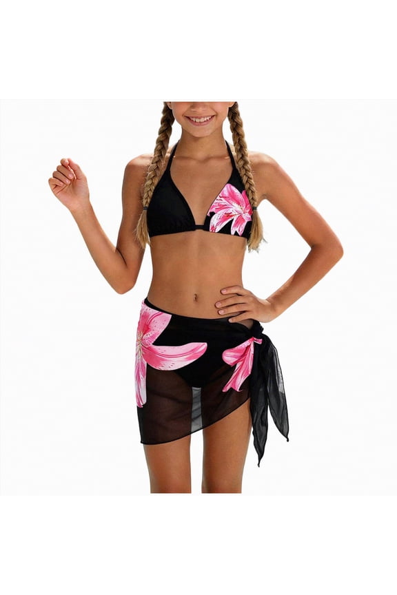 Teen Bathing Suits Girl's Summer Swimsuit Set Floral Halter Triangle Bikini Set with Wrap Skirts Beachwear 9-10 Years,Black