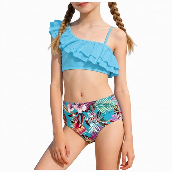Zanarzt Teen Bikini Girls 2 Piece Swimsuit Ruched Ruffle Bikini Sets Adjustable Straps Bathing Suit for Teen Girls 9-10 Years,Sky Blue