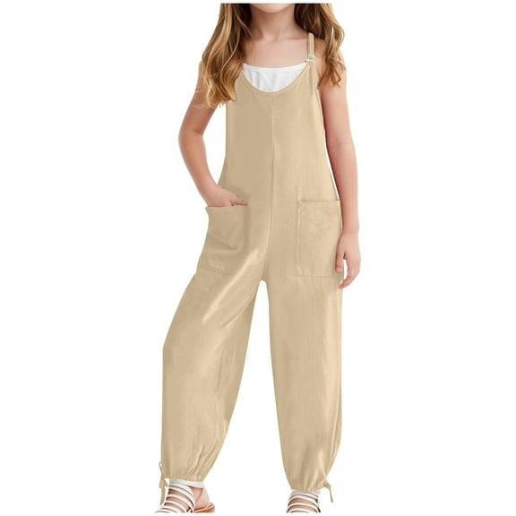 Zanarzt Teen Girl Summer Jumper Jumpsuits for Girls Casual Sleeveless Loose Spaghetti Strap Summer Rompers Long Pants with Pockets Khaki,13-14 Years