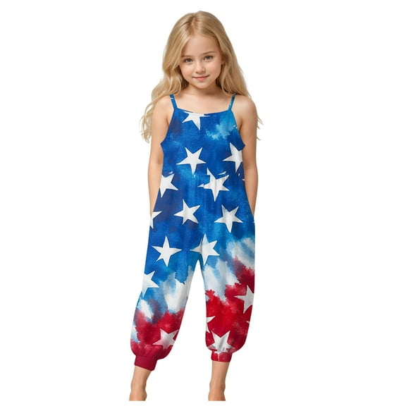 Zanarzt Teen Girl Summer Jumper Jumpsuits for Girls Casual Sleeveless Loose Spaghetti Strap Summer Rompers Long Pants with Pockets Sky Blue,7-8 Years
