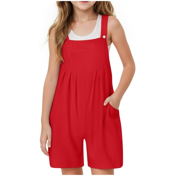 Zanarzt Teen Girl Summer Jumper Toddler Baby Girls Romper Sleeveless Jumpsuit Summer Clothes Adjustable Strap with Pocket Red,5-6 Years