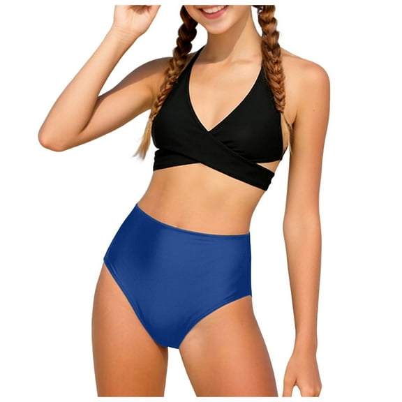 Splozh Teen Girl Swimsuit Girls Swimsuit Bikini Sets 2 Piece Solid Color Bathing Suits for Teen Girls Swimwear Blue,7-8 Years