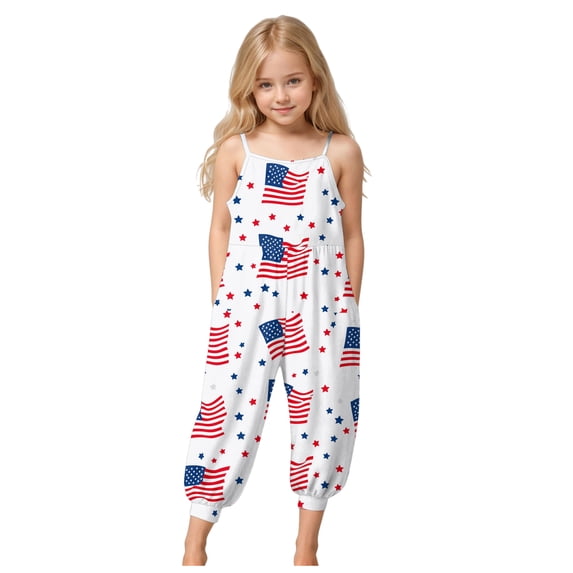 Zanarzt Kids Jumper Toddler 4th of July Outfit American Flag Overall Girl Fourth of July Jumpsuit Summer Clothes Red,3-4 Years