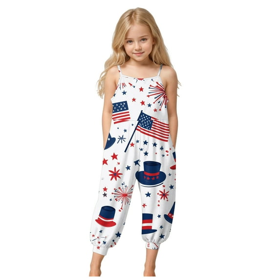 Zanarzt Toddler 4th Of July Romper Girl 4th Fourth Of July Toddler Girl Outfit Romper Spaghetti Strap Jumpsuit Outfits Red,5-6 Years