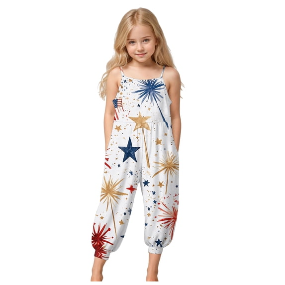 Zanarzt Toddler American Flag Outfit Toddler 4th of July Outfit American Flag Overall Girl Fourth of July Jumpsuit Summer Clothes Light Blue,9-10 Years